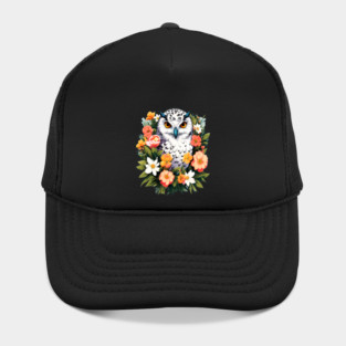Cute Snowy Owl Surrounded by Bold Vibrant Spring Flowers Hat