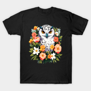 Cute Snowy Owl Surrounded by Bold Vibrant Spring Flowers T-Shirt