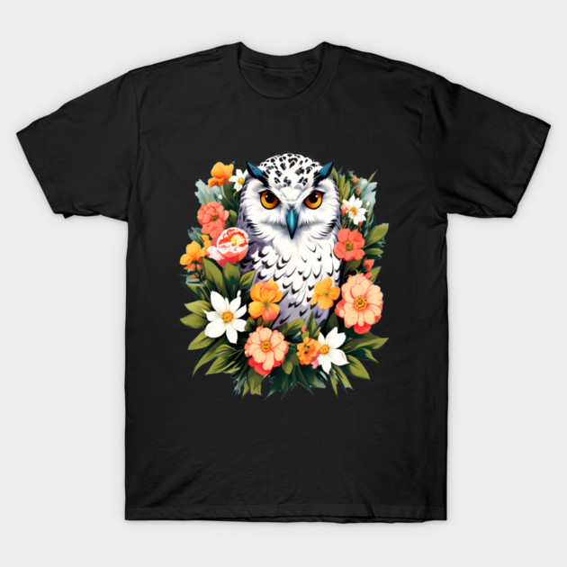 Cute Snowy Owl Surrounded by Bold Vibrant Spring Flowers T-Shirt by BirdsnStuff