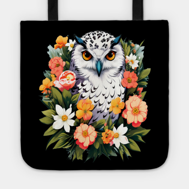 Cute Snowy Owl Surrounded by Bold Vibrant Spring Flowers Tote by BirdsnStuff