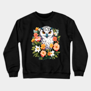 Cute Snowy Owl Surrounded by Bold Vibrant Spring Flowers Crewneck Sweatshirt
