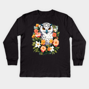 Cute Snowy Owl Surrounded by Bold Vibrant Spring Flowers Kids Long Sleeve T-Shirt