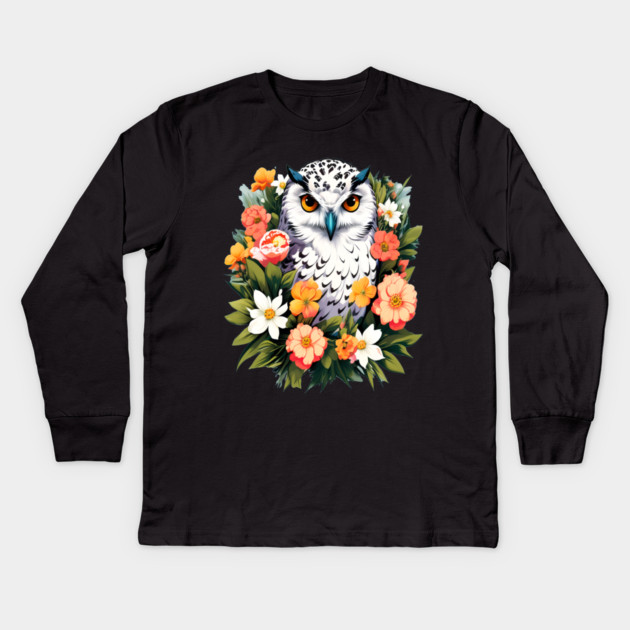 Cute Snowy Owl Surrounded by Bold Vibrant Spring Flowers Kids Long Sleeve T-Shirt by BirdsnStuff