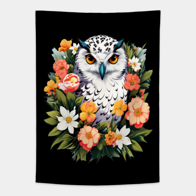 Cute Snowy Owl Surrounded by Bold Vibrant Spring Flowers Tapestry by BirdsnStuff