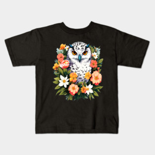 Cute Snowy Owl Surrounded by Bold Vibrant Spring Flowers Kids T-Shirt