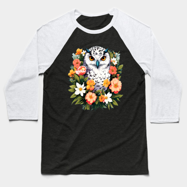 Cute Snowy Owl Surrounded by Bold Vibrant Spring Flowers Baseball T-Shirt by BirdsnStuff