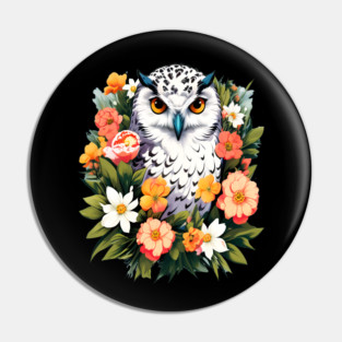 Cute Snowy Owl Surrounded by Bold Vibrant Spring Flowers Pin