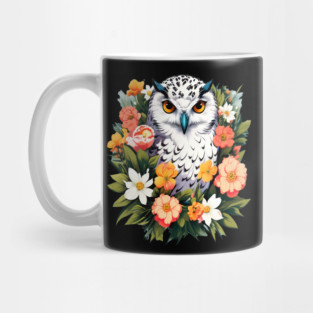 Cute Snowy Owl Surrounded by Bold Vibrant Spring Flowers Mug