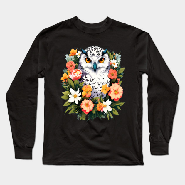 Cute Snowy Owl Surrounded by Bold Vibrant Spring Flowers Long Sleeve T-Shirt by BirdsnStuff