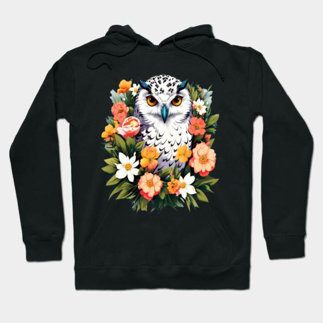 Cute Snowy Owl Surrounded by Bold Vibrant Spring Flowers Hoodie by BirdsnStuff