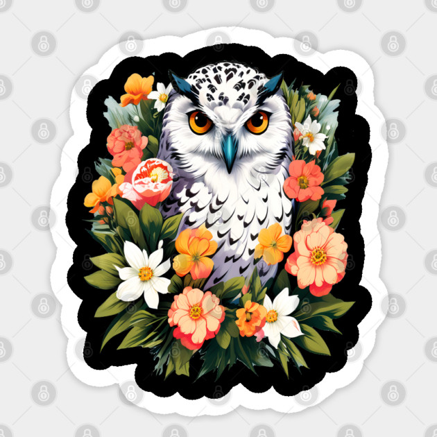 Cute Snowy Owl Surrounded by Bold Vibrant Spring Flowers Sticker by BirdsnStuff