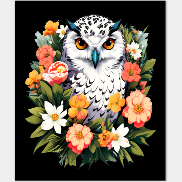 Cute Snowy Owl Surrounded by Bold Vibrant Spring Flowers Wall Art by BirdsnStuff