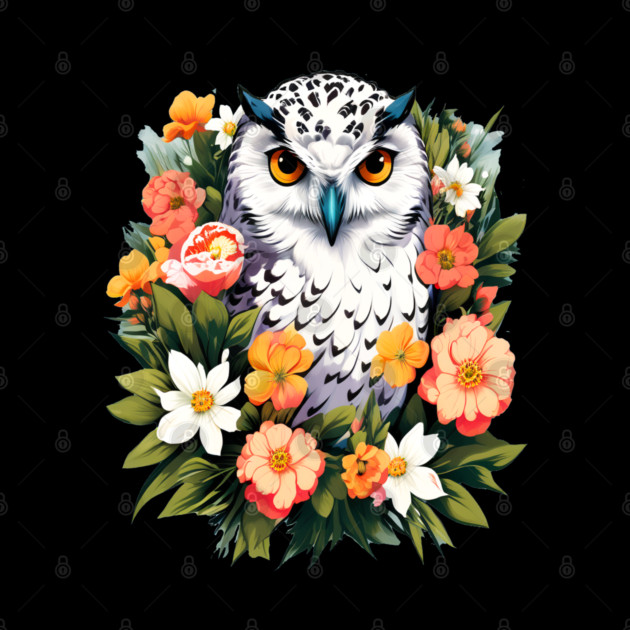 Cute Snowy Owl Surrounded by Bold Vibrant Spring Flowers by BirdsnStuff