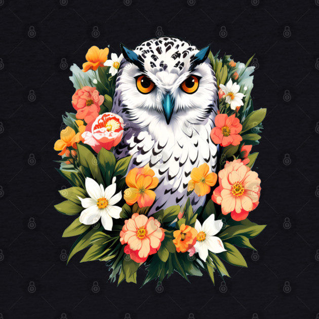 Cute Snowy Owl Surrounded by Bold Vibrant Spring Flowers by BirdsnStuff