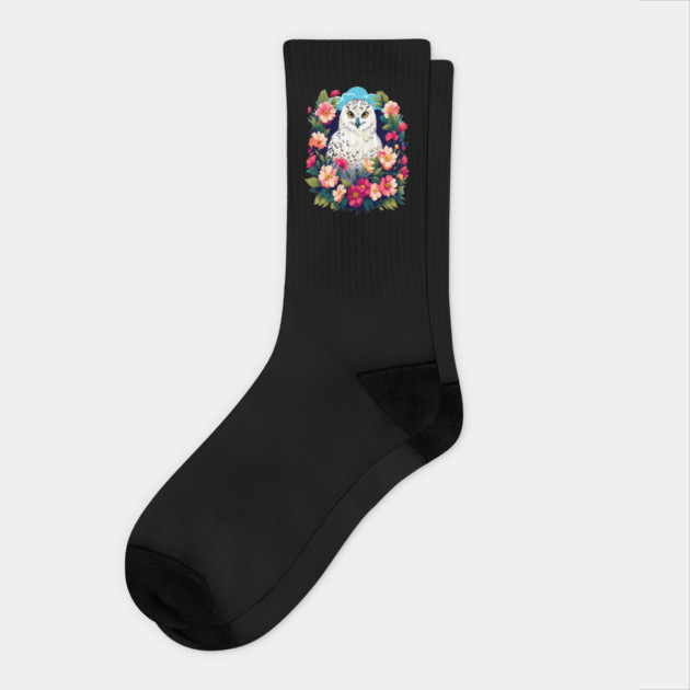 Cute Snowy Owl Surrounded by Bold Vibrant Spring Flowers Socks by BirdsnStuff