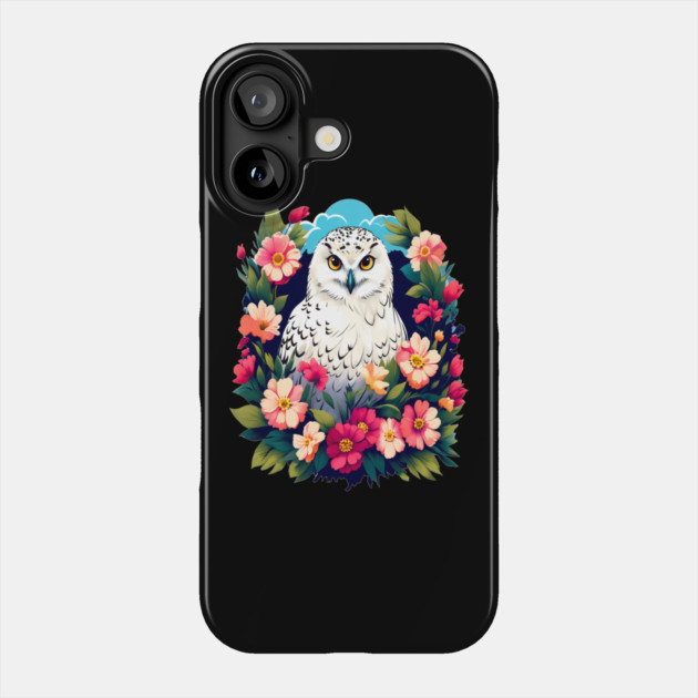Cute Snowy Owl Surrounded by Bold Vibrant Spring Flowers Phone Case by BirdsnStuff