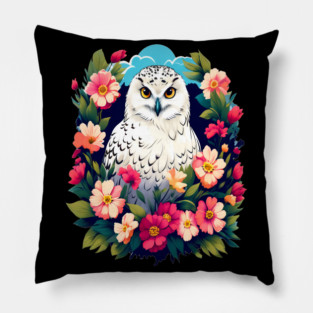 Cute Snowy Owl Surrounded by Bold Vibrant Spring Flowers Pillow