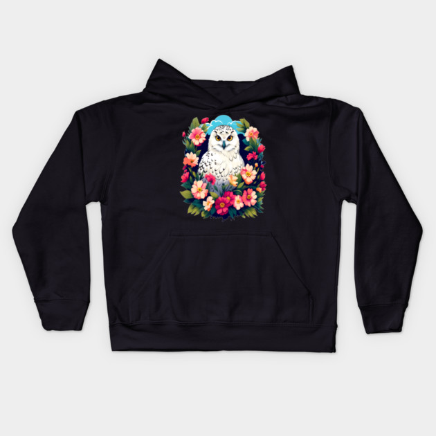 Cute Snowy Owl Surrounded by Bold Vibrant Spring Flowers Kids Hoodie by BirdsnStuff