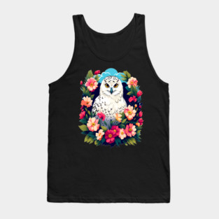Cute Snowy Owl Surrounded by Bold Vibrant Spring Flowers Tank Top