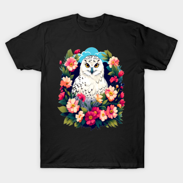 Cute Snowy Owl Surrounded by Bold Vibrant Spring Flowers T-Shirt by BirdsnStuff
