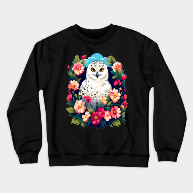 Cute Snowy Owl Surrounded by Bold Vibrant Spring Flowers Crewneck Sweatshirt by BirdsnStuff