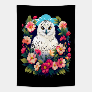Cute Snowy Owl Surrounded by Bold Vibrant Spring Flowers Tapestry