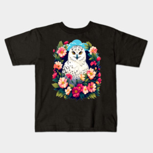 Cute Snowy Owl Surrounded by Bold Vibrant Spring Flowers Kids T-Shirt