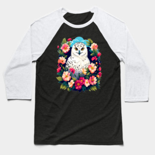 Cute Snowy Owl Surrounded by Bold Vibrant Spring Flowers Baseball T-Shirt