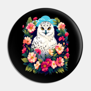 Cute Snowy Owl Surrounded by Bold Vibrant Spring Flowers Pin