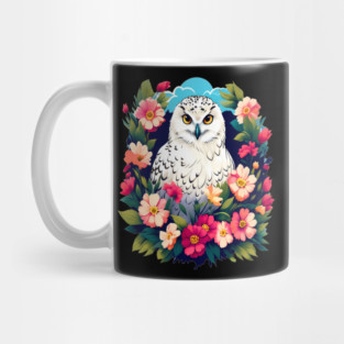 Cute Snowy Owl Surrounded by Bold Vibrant Spring Flowers Mug