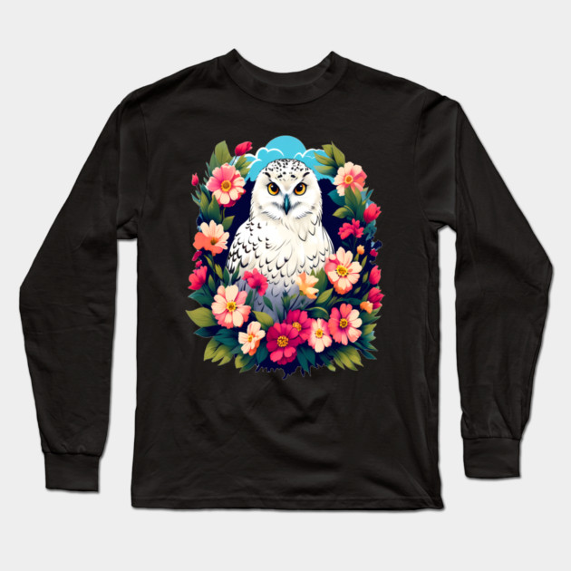 Cute Snowy Owl Surrounded by Bold Vibrant Spring Flowers Long Sleeve T-Shirt by BirdsnStuff