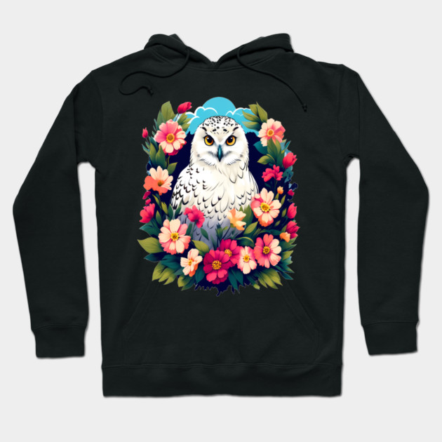 Cute Snowy Owl Surrounded by Bold Vibrant Spring Flowers Hoodie by BirdsnStuff