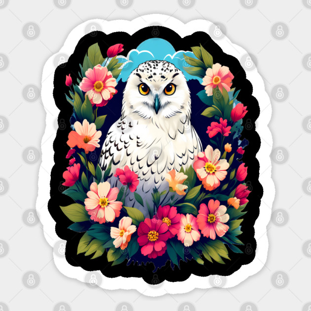 Cute Snowy Owl Surrounded by Bold Vibrant Spring Flowers Sticker by BirdsnStuff