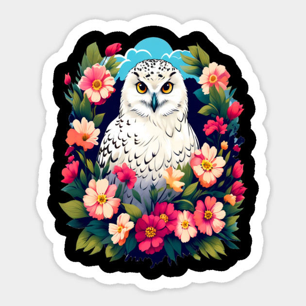 Cute Snowy Owl Surrounded by Bold Vibrant Spring Flowers Magnet by BirdsnStuff