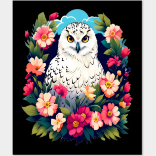 Cute Snowy Owl Surrounded by Bold Vibrant Spring Flowers Posters and Art