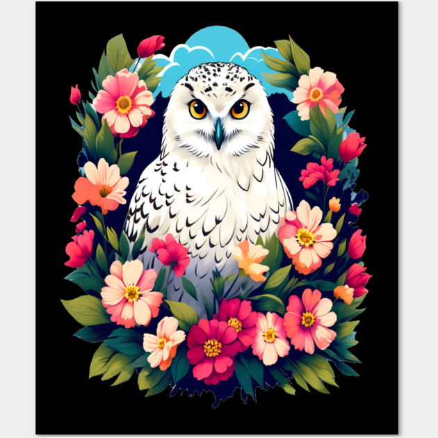 Cute Snowy Owl Surrounded by Bold Vibrant Spring Flowers Wall Art by BirdsnStuff