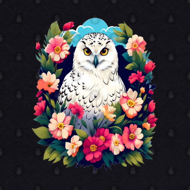 Cute Snowy Owl Surrounded by Bold Vibrant Spring Flowers by BirdsnStuff