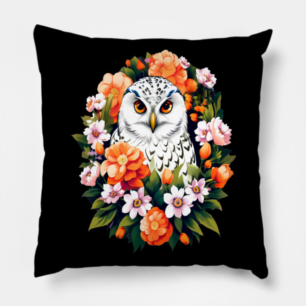 Cute Snowy Owl Surrounded by Bold Vibrant Spring Flowers Pillow by BirdsnStuff