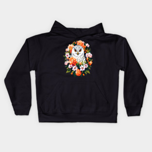 Cute Snowy Owl Surrounded by Bold Vibrant Spring Flowers Kids Hoodie