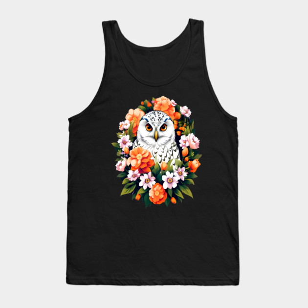Cute Snowy Owl Surrounded by Bold Vibrant Spring Flowers Tank Top by BirdsnStuff