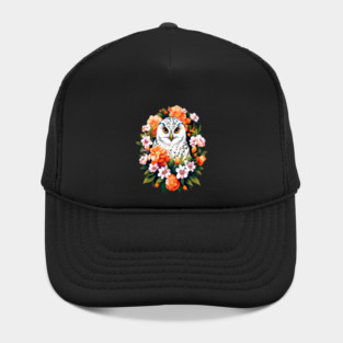 Cute Snowy Owl Surrounded by Bold Vibrant Spring Flowers Hat