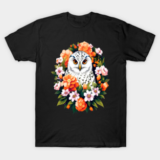 Cute Snowy Owl Surrounded by Bold Vibrant Spring Flowers T-Shirt