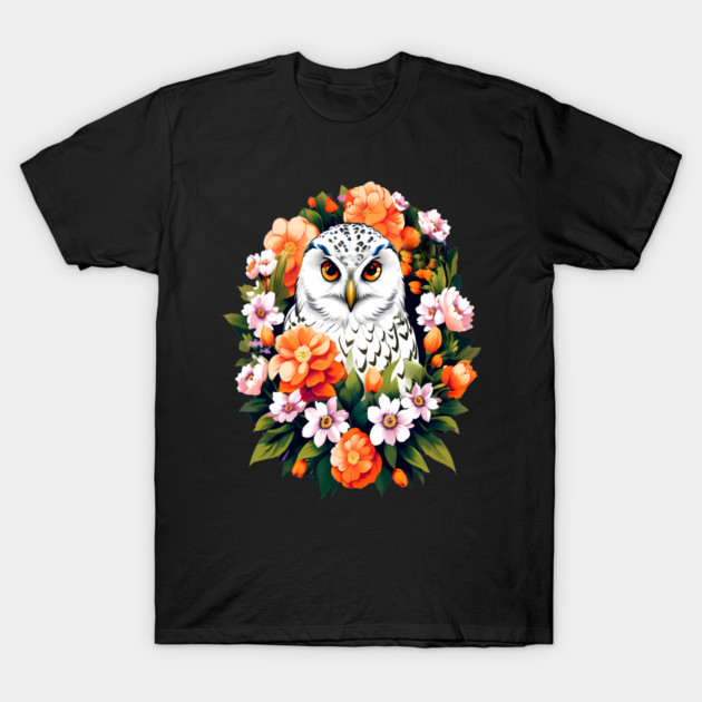 Cute Snowy Owl Surrounded by Bold Vibrant Spring Flowers T-Shirt by BirdsnStuff