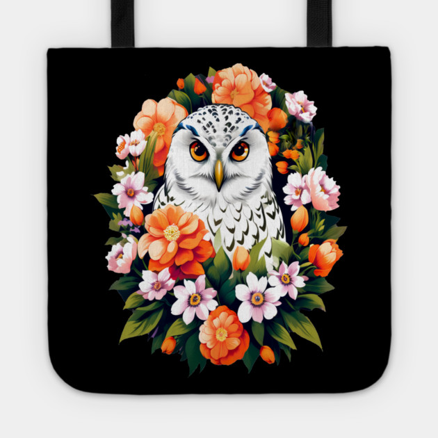 Cute Snowy Owl Surrounded by Bold Vibrant Spring Flowers Tote by BirdsnStuff