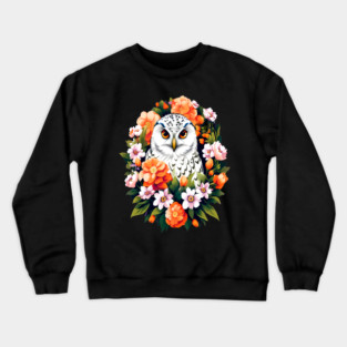Cute Snowy Owl Surrounded by Bold Vibrant Spring Flowers Crewneck Sweatshirt