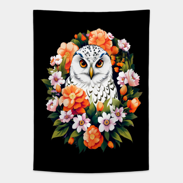 Cute Snowy Owl Surrounded by Bold Vibrant Spring Flowers Tapestry by BirdsnStuff