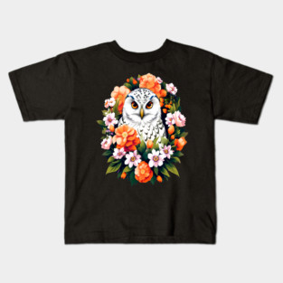 Cute Snowy Owl Surrounded by Bold Vibrant Spring Flowers Kids T-Shirt
