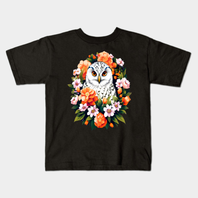 Cute Snowy Owl Surrounded by Bold Vibrant Spring Flowers Kids T-Shirt by BirdsnStuff