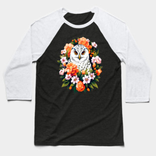Cute Snowy Owl Surrounded by Bold Vibrant Spring Flowers Baseball T-Shirt