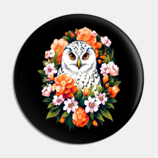Cute Snowy Owl Surrounded by Bold Vibrant Spring Flowers Pin